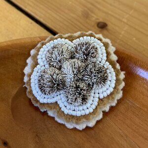 Indigenous Hand Crafted Tufted Beaded Brooch Pin Beige Flower Shape